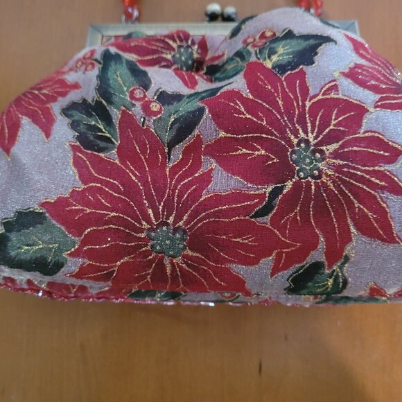 VINTAGE 50s/60s Poinsettia Tapestry Clutch Purse Beaded Strap Kiss-Lock Holiday - Picture 3 of 5